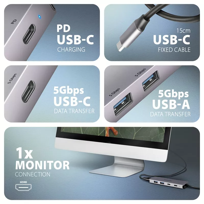 USB-C 5Gbps 5in1 centrinė stotelė Axagon HMC-5H60, 2x USB-A, 1x USB-C, HDMI 4K/60Hz, PD 100W, USB-C kabelis