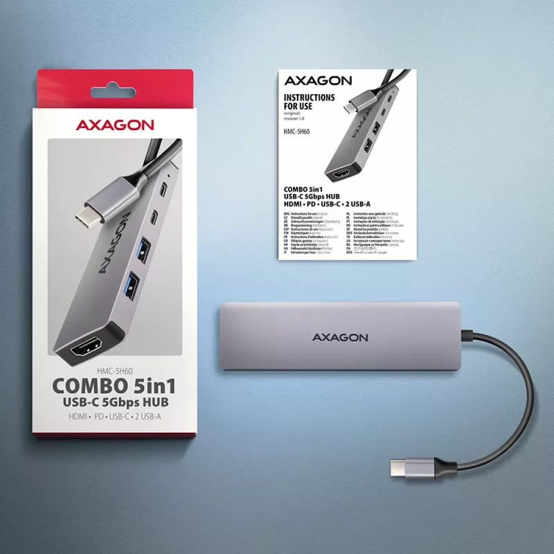 USB-C 5Gbps 5in1 centrinė stotelė Axagon HMC-5H60, 2x USB-A, 1x USB-C, HDMI 4K/60Hz, PD 100W, USB-C kabelis