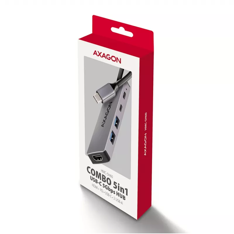 USB-C 5Gbps 5in1 centrinė stotelė Axagon HMC-5H60, 2x USB-A, 1x USB-C, HDMI 4K/60Hz, PD 100W, USB-C kabelis