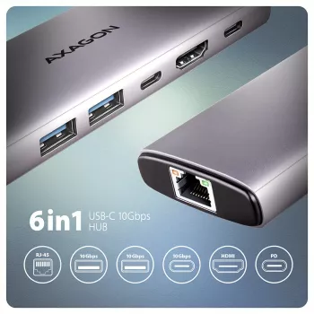 Axagon HMC-6G2L USB 10Gbps centrinis įrenginys, 2x USB-A, 1x USB-C, HDMI 4k/60Hz, RJ-45, PD 100W