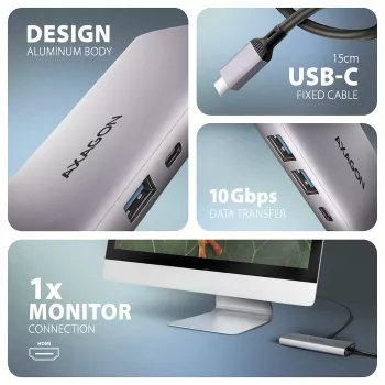Axagon HMC-6G2L USB 10Gbps centrinis įrenginys, 2x USB-A, 1x USB-C, HDMI 4k/60Hz, RJ-45, PD 100W