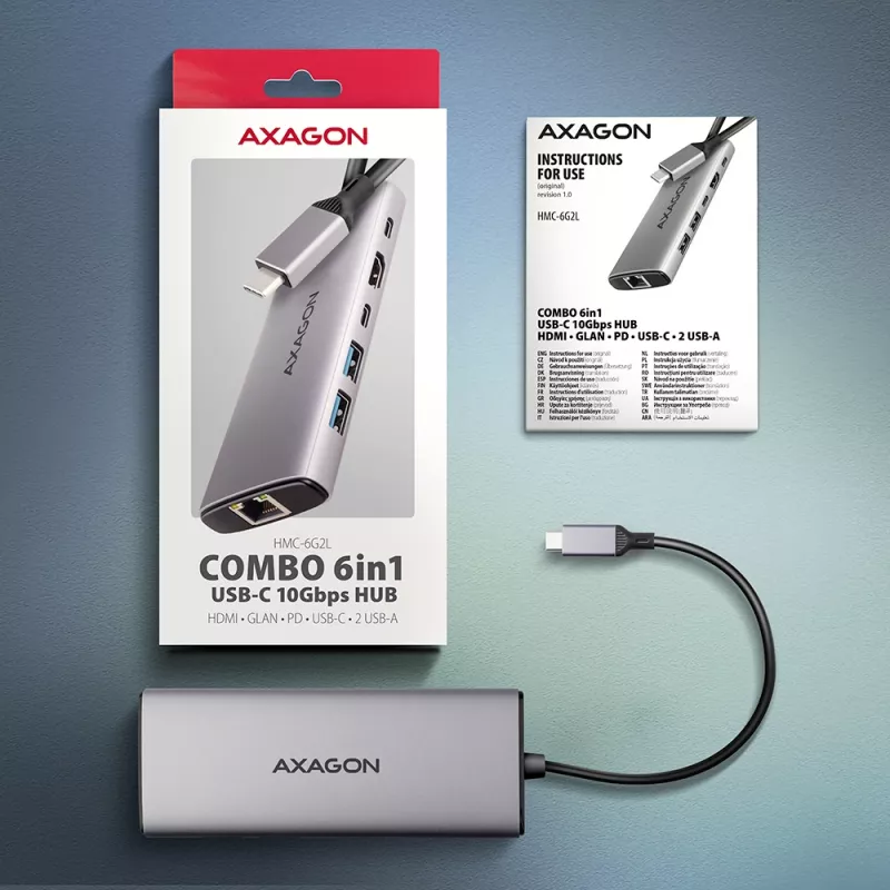 Axagon HMC-6G2L USB 10Gbps centrinis įrenginys, 2x USB-A, 1x USB-C, HDMI 4k/60Hz, RJ-45, PD 100W