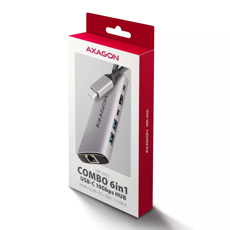 Axagon HMC-6G2L USB 10Gbps centrinis įrenginys, 2x USB-A, 1x USB-C, HDMI 4k/60Hz, RJ-45, PD 100W