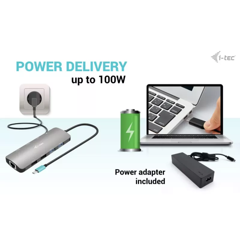 i-tec Metal USB-C Nano 2x Display Docking Station su PD 100 W ir 100 W įkrovikliu