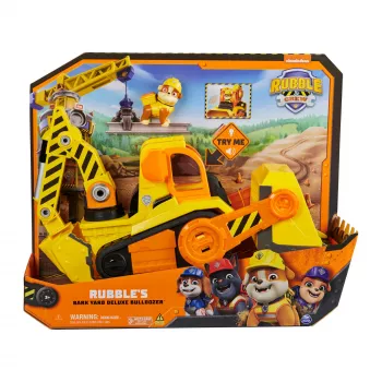 Rubble & Crew Bark Yard Deluxe Buldozeris su šviesomis, garsais ir Rubble figūrėle, žaislas vaikams nuo 3 metų