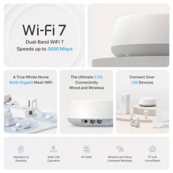 „Mesh“ sistema TP-Link BE3600 dviejų juostų „Wi‑Fi 7“ (802.11be), 2882 Mbps, 2× LAN, 2,4/5 GHz, 2 vnt. rinkinys