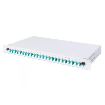 DIGITUS optinio pluošto sujungimo dėžė, 1U, su 24x LC duplex adapteriais, OM3 spalvotais pigtailiais ir sujungimo kasete
