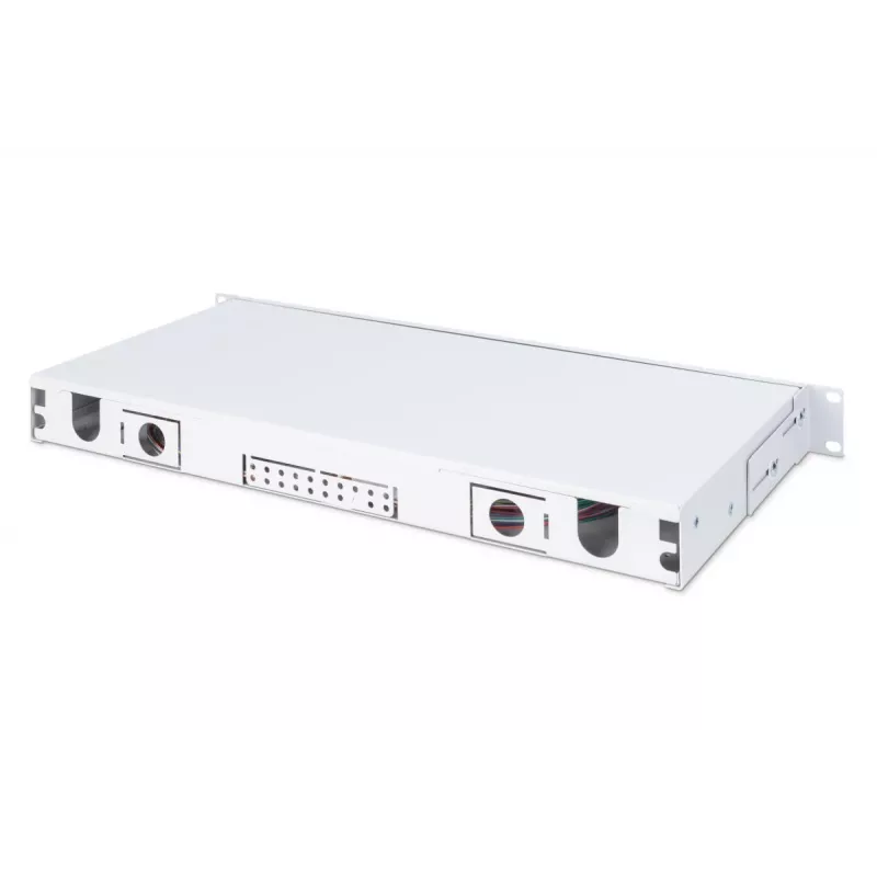 DIGITUS optinio pluošto sujungimo dėžė, 1U, su 24x LC duplex adapteriais, OM3 spalvotais pigtailiais ir sujungimo kasete
