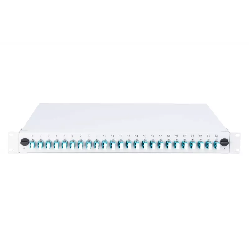 DIGITUS optinio pluošto sujungimo dėžė, 1U, su 24x LC duplex adapteriais, OM3 spalvotais pigtailiais ir sujungimo kasete