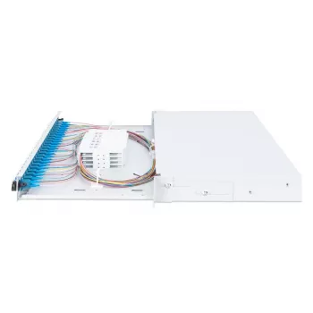 DIGITUS 1U optinė sujungimo dėžė su 24x LC duplex adapteriais, OS2 vienmodė, su sujungimo kasetėmis ir spalvotais pigtailiais