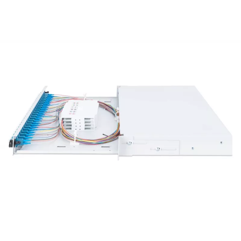 DIGITUS 1U optinė sujungimo dėžė su 24x LC duplex adapteriais, OS2 vienmodė, su sujungimo kasetėmis ir spalvotais pigtailiais