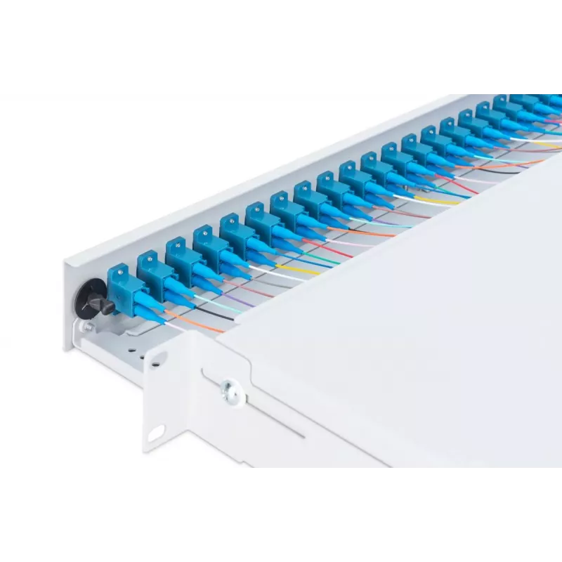 DIGITUS 1U optinė sujungimo dėžė su 24x LC duplex adapteriais, OS2 vienmodė, su sujungimo kasetėmis ir spalvotais pigtailiais