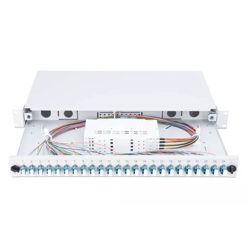 DIGITUS 1U optinė sujungimo dėžė su 24x LC duplex adapteriais, OS2 vienmodė, su sujungimo kasetėmis ir spalvotais pigtailiais