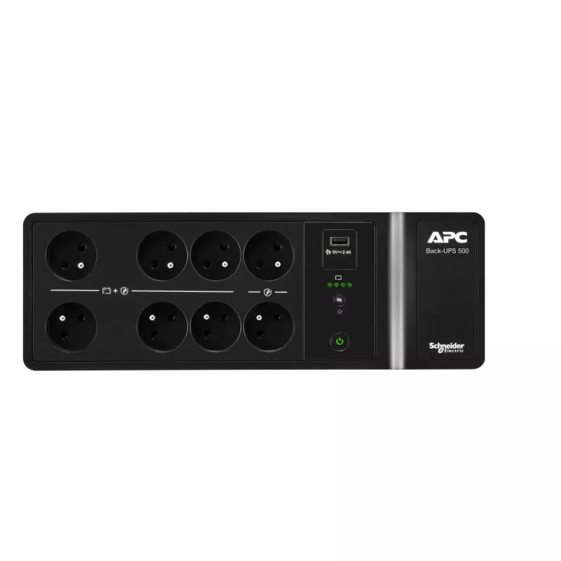 APC Back-UPS 500VA/300W nepertraukiamo maitinimo šaltinis, 8 lizdai (Prancūzija/Belgija), USB-A prievadas, keičiama baterija