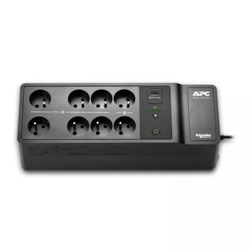 APC Back-UPS 500VA/300W nepertraukiamo maitinimo šaltinis, 8 lizdai (Prancūzija/Belgija), USB-A prievadas, keičiama baterija