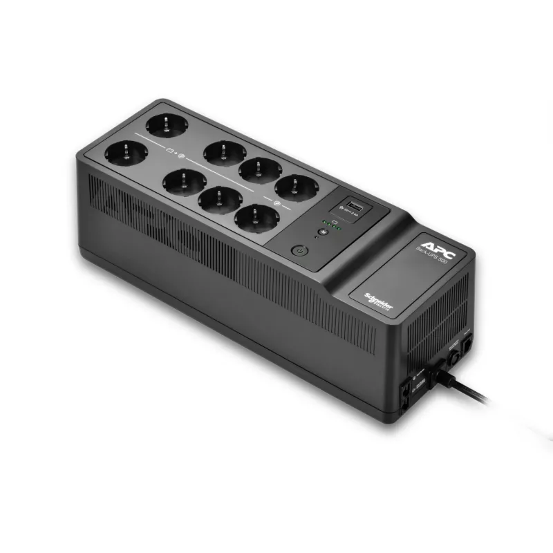 APC Back-UPS 500VA/300W nepertraukiamo maitinimo šaltinis, montuojamas ant grindų/sienos, 230V, 8x Schuko lizdai, USB-A prievadas, keičiama baterija
