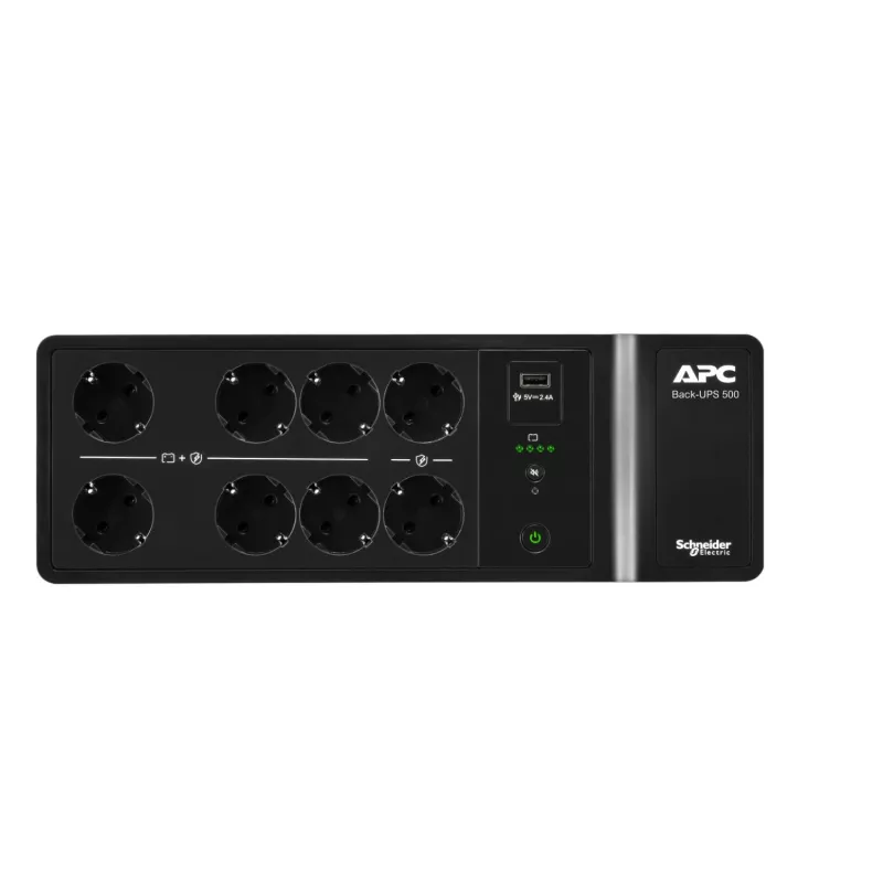 APC Back-UPS 500VA/300W nepertraukiamo maitinimo šaltinis, montuojamas ant grindų/sienos, 230V, 8x Schuko lizdai, USB-A prievadas, keičiama baterija