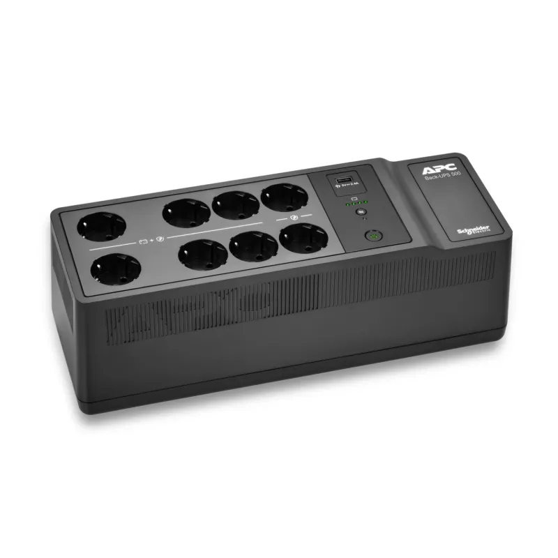 APC Back-UPS 500VA/300W nepertraukiamo maitinimo šaltinis, montuojamas ant grindų/sienos, 230V, 8x Schuko lizdai, USB-A prievadas, keičiama baterija