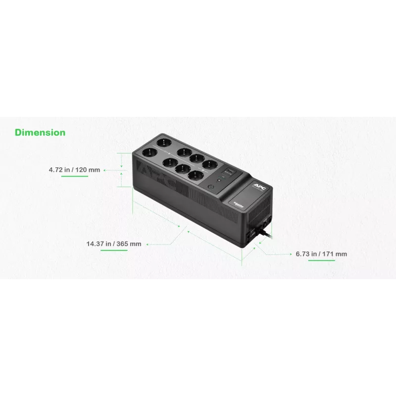 APC Back-UPS 500VA/300W nepertraukiamo maitinimo šaltinis, montuojamas ant grindų/sienos, 230V, 8x Schuko lizdai, USB-A prievadas, keičiama baterija