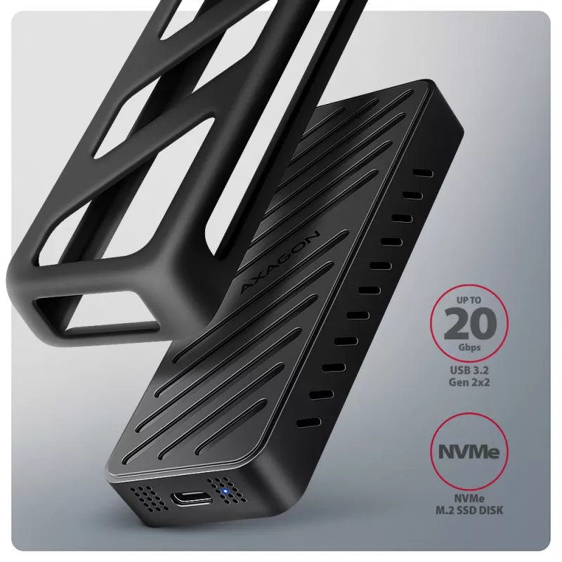 Axagon EEM2-20G USB-C 20Gbps – šarvuotas M.2 NVMe SSD dėklas