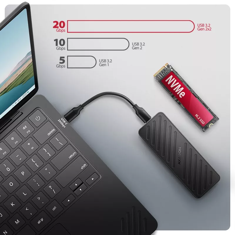Axagon EEM2-20G USB-C 20Gbps – šarvuotas M.2 NVMe SSD dėklas