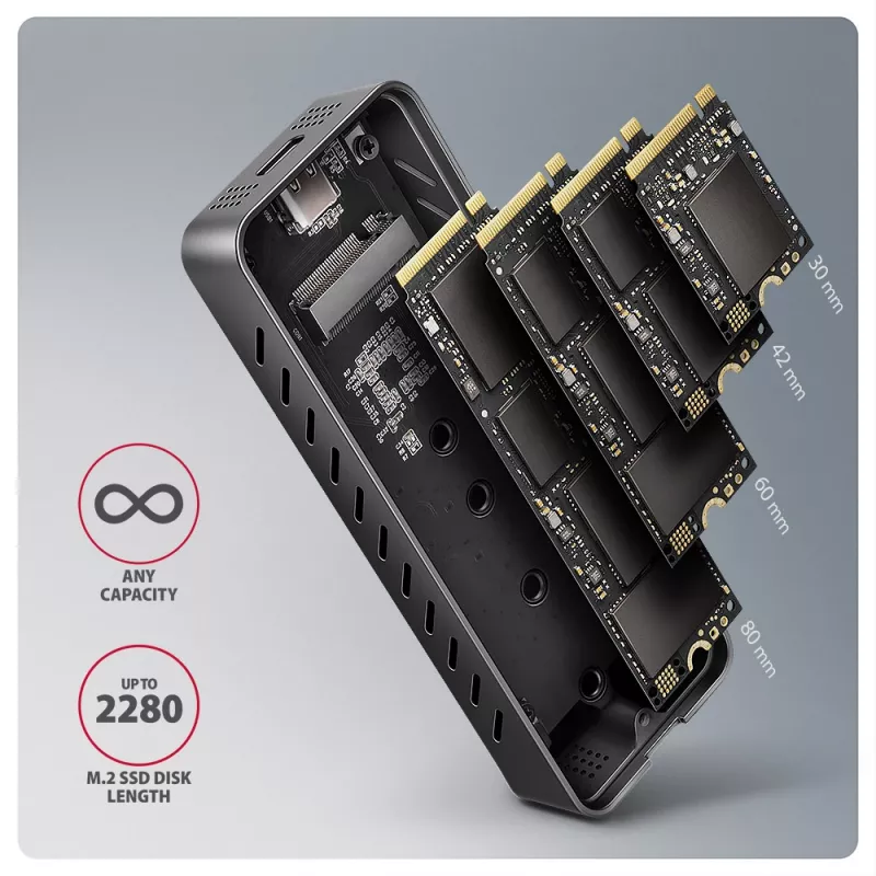 Axagon EEM2-20G USB-C 20Gbps – šarvuotas M.2 NVMe SSD dėklas