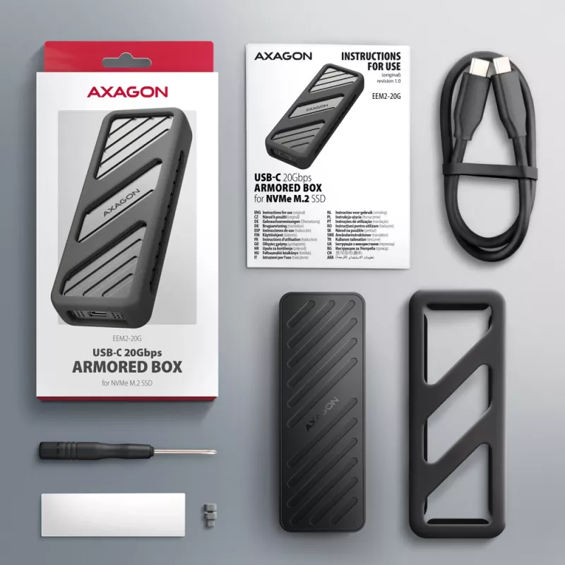 Axagon EEM2-20G USB-C 20Gbps – šarvuotas M.2 NVMe SSD dėklas