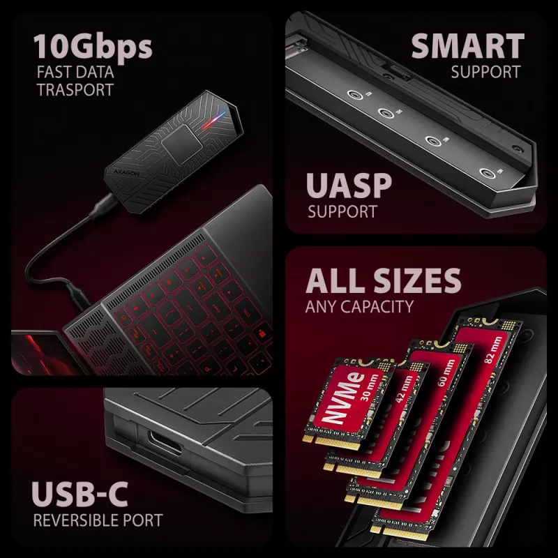 Axagon EEM2-GAM išorinis M.2 dėklas USB-C 10Gbps, be varžtų, NVMe ir SATA SSD