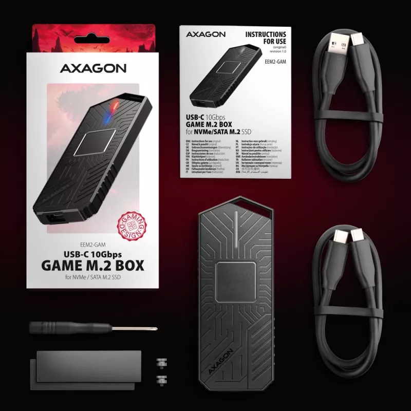 Axagon EEM2-GAM išorinis M.2 dėklas USB-C 10Gbps, be varžtų, NVMe ir SATA SSD