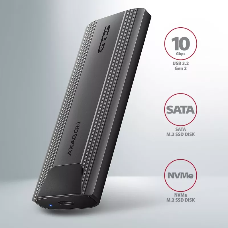 Axagon EEM2-GTS2 išorinis USB-C 10Gbps metalinis dėklas M.2 NVMe ir SATA SSD diskams, bevaržtis