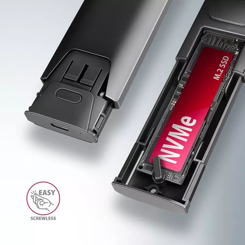 Axagon EEM2-GTS2 išorinis USB-C 10Gbps metalinis dėklas M.2 NVMe ir SATA SSD diskams, bevaržtis