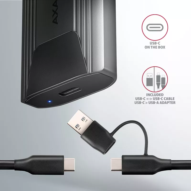 Axagon EEM2-GTS2 išorinis USB-C 10Gbps metalinis dėklas M.2 NVMe ir SATA SSD diskams, bevaržtis