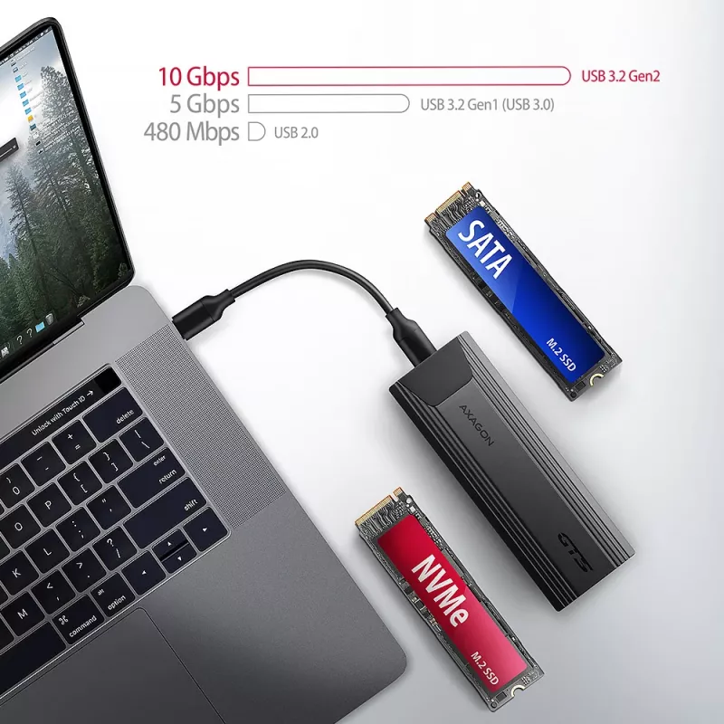 Axagon EEM2-GTS2 išorinis USB-C 10Gbps metalinis dėklas M.2 NVMe ir SATA SSD diskams, bevaržtis