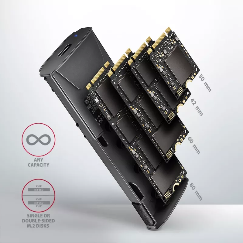 Axagon EEM2-GTS2 išorinis USB-C 10Gbps metalinis dėklas M.2 NVMe ir SATA SSD diskams, bevaržtis