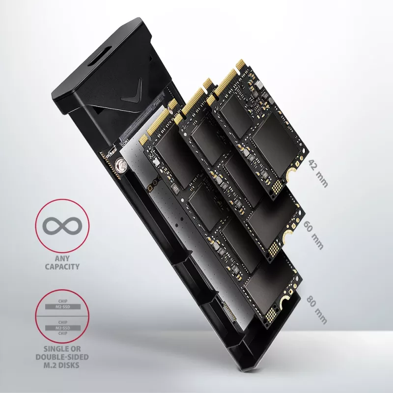 Išorinis dėklas Axagon EEM2-UB2 M.2 NVMe SSD, USB-C 10Gbps, juodas
