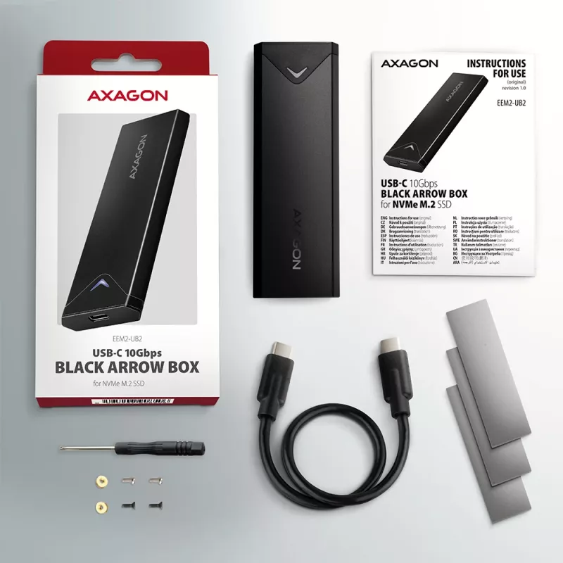 Išorinis dėklas Axagon EEM2-UB2 M.2 NVMe SSD, USB-C 10Gbps, juodas