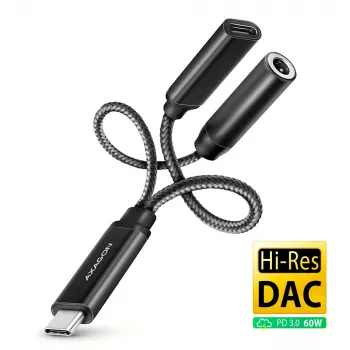 Axagon ADA-HCPD USB-C į 3,5 mm lizdą adapteris – Hi-Res DAC garso adapteris, 384kHz/32bit, PD 60W 3A