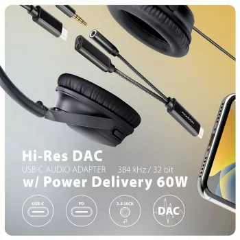 Axagon ADA-HCPD USB-C į 3,5 mm lizdą adapteris – Hi-Res DAC garso adapteris, 384kHz/32bit, PD 60W 3A