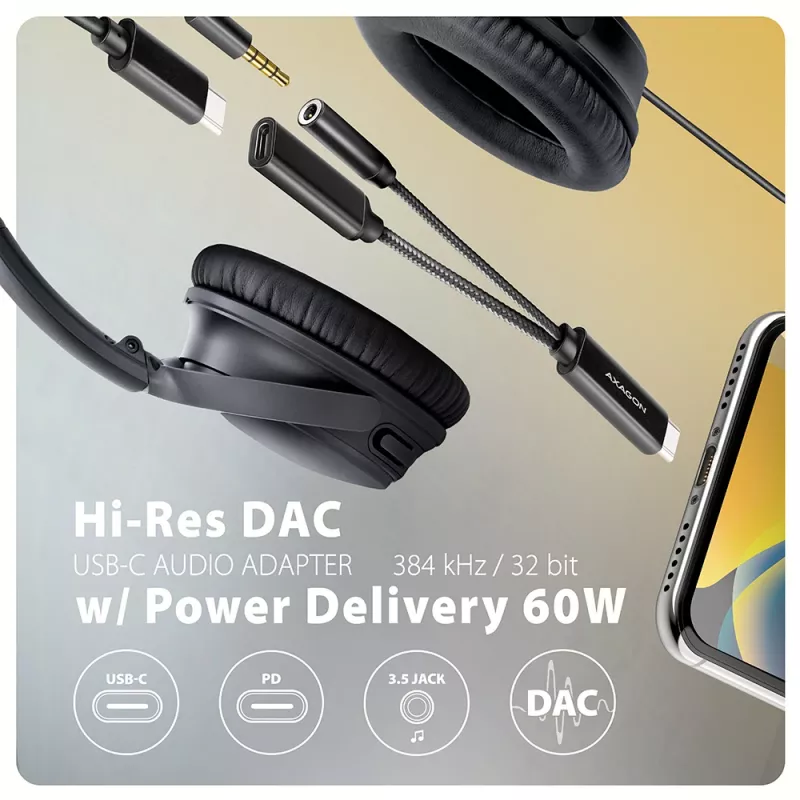 Axagon ADA-HCPD USB-C į 3,5 mm lizdą adapteris – Hi-Res DAC garso adapteris, 384kHz/32bit, PD 60W 3A