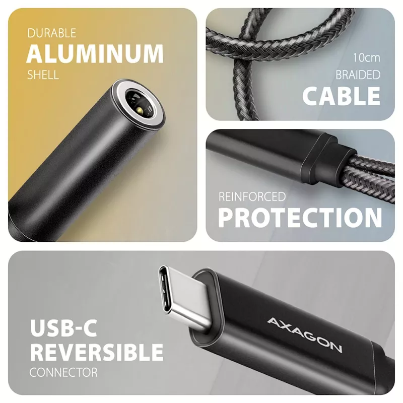 Axagon ADA-HCPD USB-C į 3,5 mm lizdą adapteris – Hi-Res DAC garso adapteris, 384kHz/32bit, PD 60W 3A