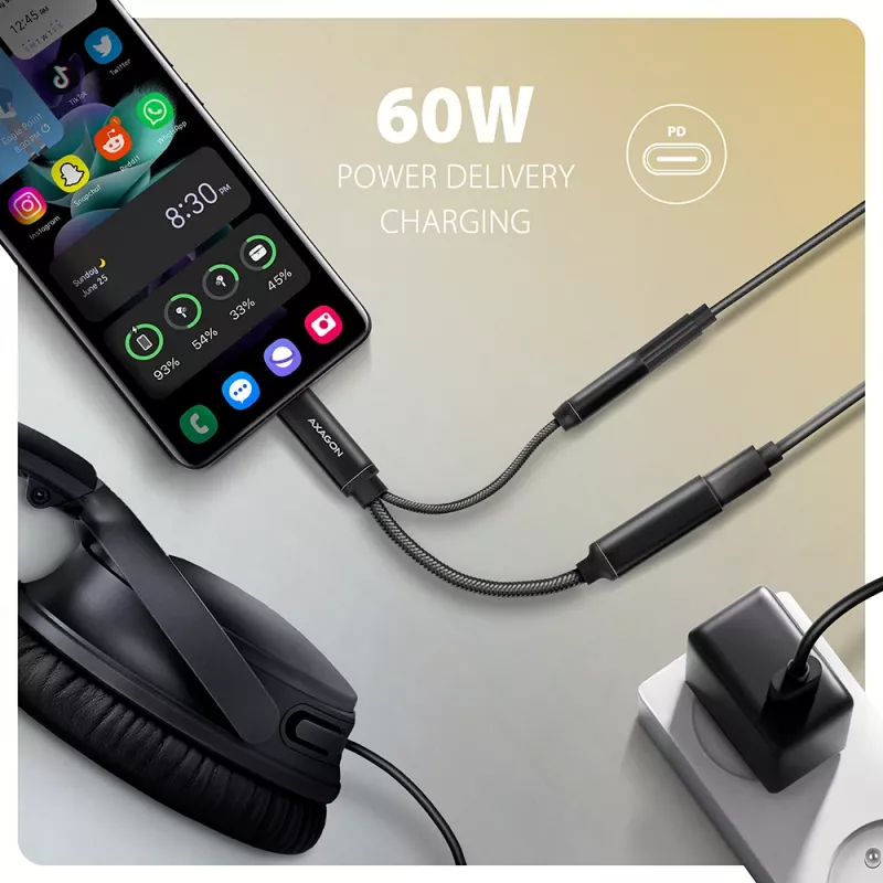 Axagon ADA-HCPD USB-C į 3,5 mm lizdą adapteris – Hi-Res DAC garso adapteris, 384kHz/32bit, PD 60W 3A