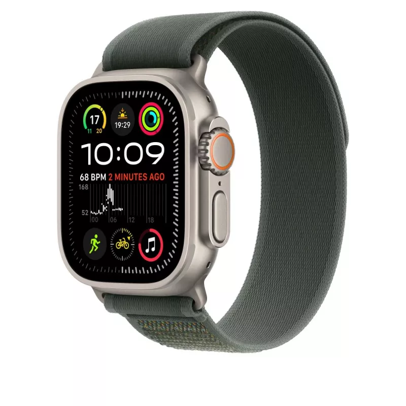 Apple 49 mm žalias Trail Loop dirželis – S/M – natūralus titano apdaila