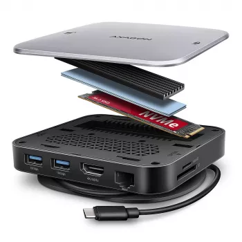 Axagon HMC-UFO USB-C stotelė su M.2 SATA/NVMe lizdu, 1 Gbit/s Ethernet, 384 kHz garsu, USB 3.2 Gen 2 (3.1 Gen 2) Type-C, juoda
