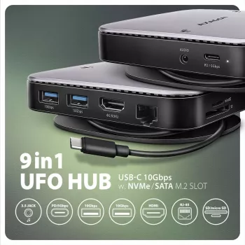 Axagon HMC-UFO USB-C stotelė su M.2 SATA/NVMe lizdu, 1 Gbit/s Ethernet, 384 kHz garsu, USB 3.2 Gen 2 (3.1 Gen 2) Type-C, juoda
