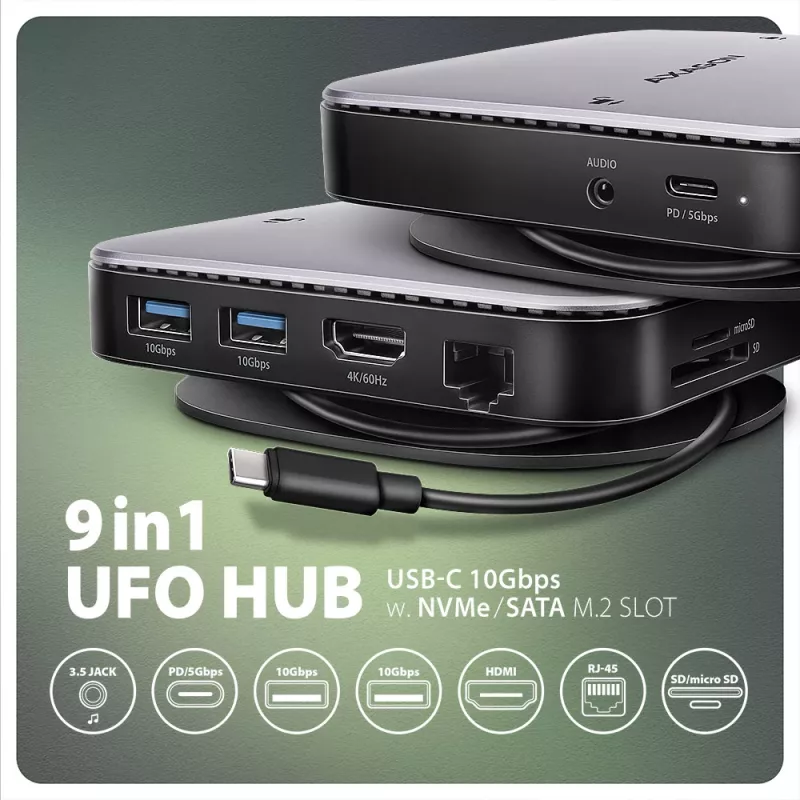 Axagon HMC-UFO USB-C stotelė su M.2 SATA/NVMe lizdu, 1 Gbit/s Ethernet, 384 kHz garsu, USB 3.2 Gen 2 (3.1 Gen 2) Type-C, juoda