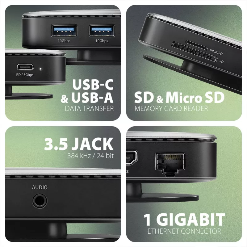 Axagon HMC-UFO USB-C stotelė su M.2 SATA/NVMe lizdu, 1 Gbit/s Ethernet, 384 kHz garsu, USB 3.2 Gen 2 (3.1 Gen 2) Type-C, juoda