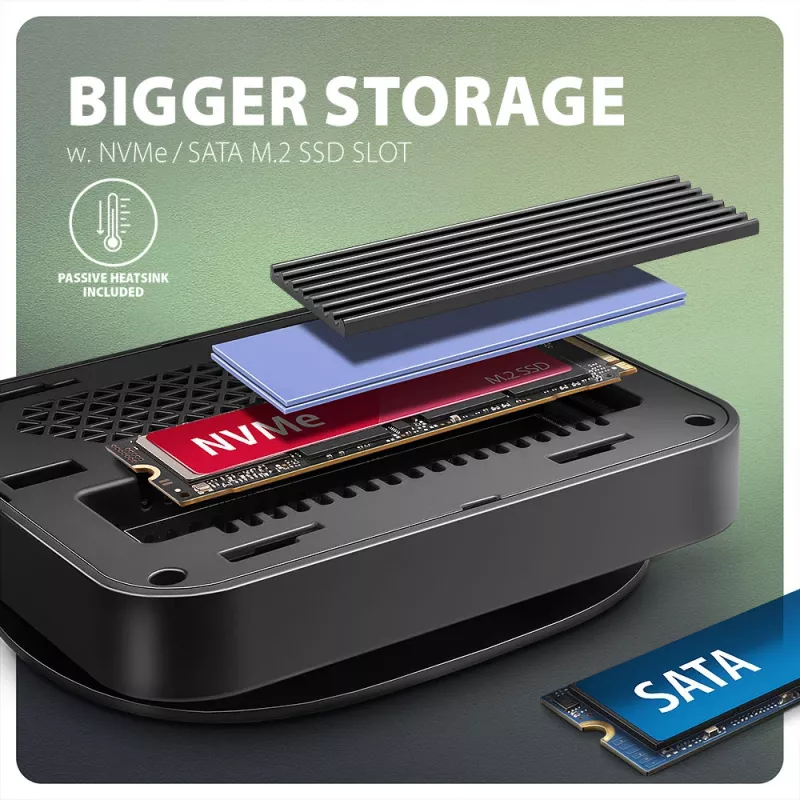 Axagon HMC-UFO USB-C stotelė su M.2 SATA/NVMe lizdu, 1 Gbit/s Ethernet, 384 kHz garsu, USB 3.2 Gen 2 (3.1 Gen 2) Type-C, juoda