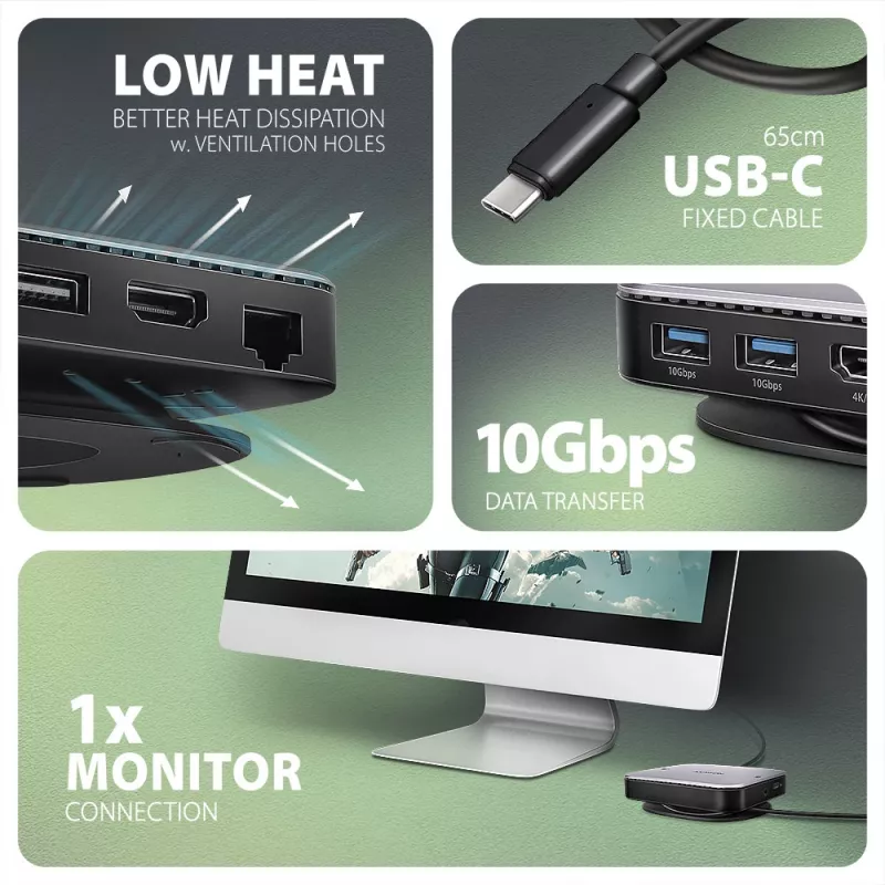 Axagon HMC-UFO USB-C stotelė su M.2 SATA/NVMe lizdu, 1 Gbit/s Ethernet, 384 kHz garsu, USB 3.2 Gen 2 (3.1 Gen 2) Type-C, juoda