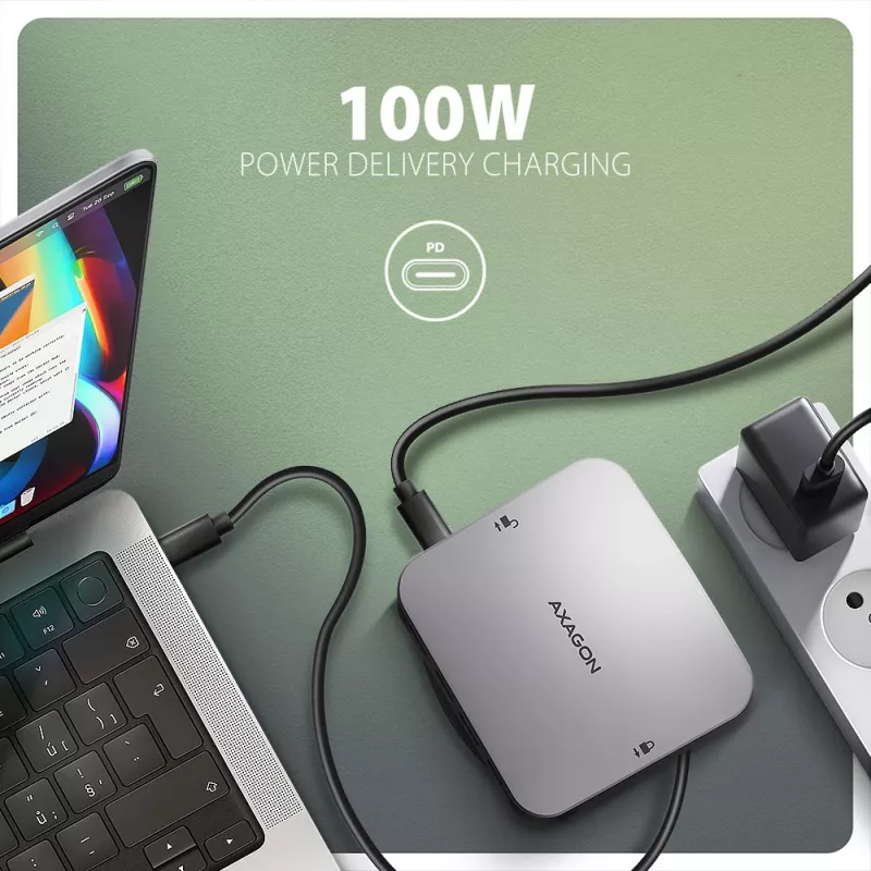 Axagon HMC-UFO USB-C stotelė su M.2 SATA/NVMe lizdu, 1 Gbit/s Ethernet, 384 kHz garsu, USB 3.2 Gen 2 (3.1 Gen 2) Type-C, juoda