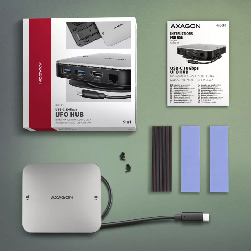 Axagon HMC-UFO USB-C stotelė su M.2 SATA/NVMe lizdu, 1 Gbit/s Ethernet, 384 kHz garsu, USB 3.2 Gen 2 (3.1 Gen 2) Type-C, juoda